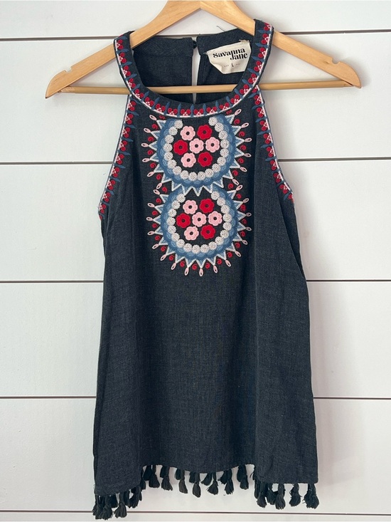 Savanna Jane Tops - Savanna Jane Gray Embroidered Floral Tank boho/ cottagecore/ resort/ western